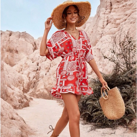 New Boho Red & White Scarf Print Batwing Sleeve Knot Front Ruffle Hem Romper - Picture 2 of 12